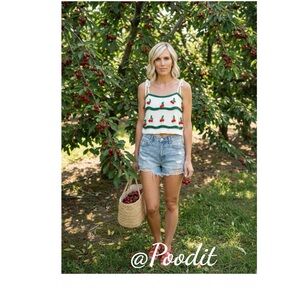 CLOUD TEN cherry crochet tank shoulder ties S M L